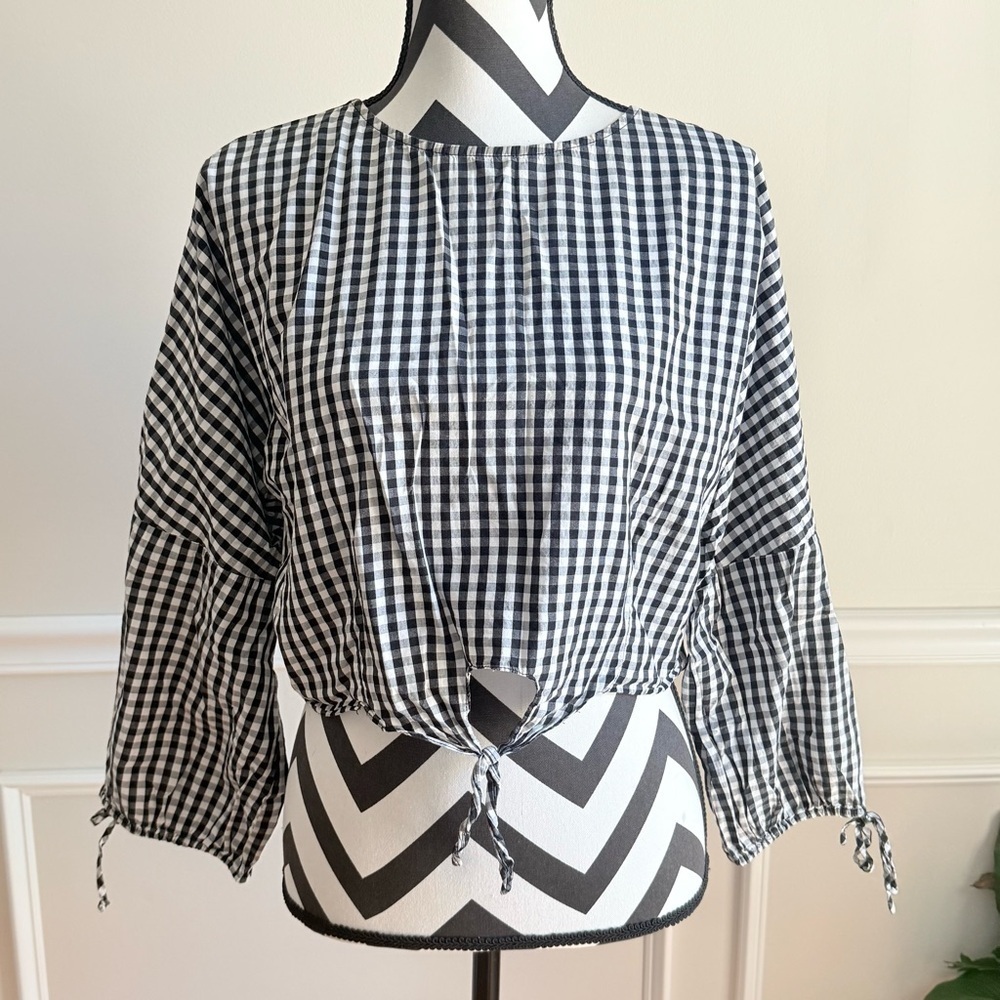 GREYLIN ANTHROPOLOGIE Black White‎ Gingham Balloon Sleeve Tie Blouse Checkered S